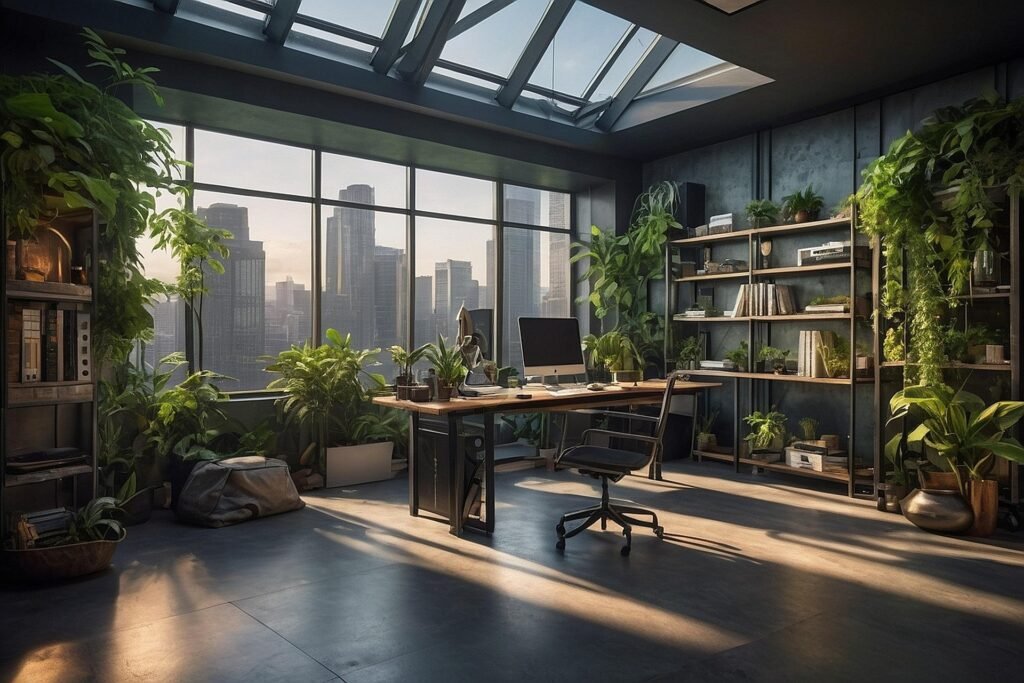 A beginner gardener happily arranging small green plants inside a room.