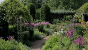 A thriving backyard garden using organic soil and eco-friendly tools.